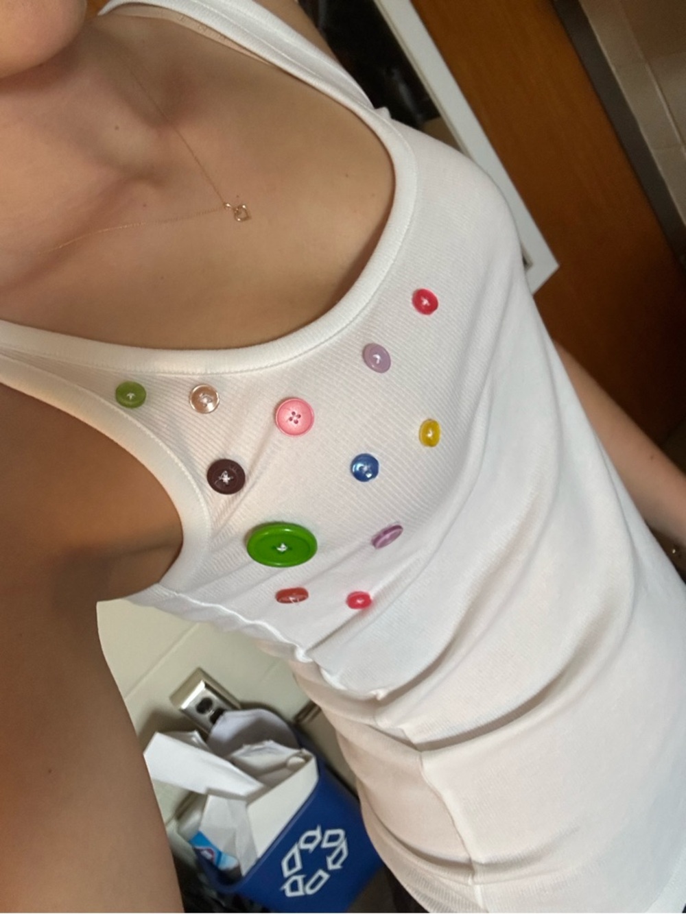 White Tank Top with Multicolor Button Embellishments